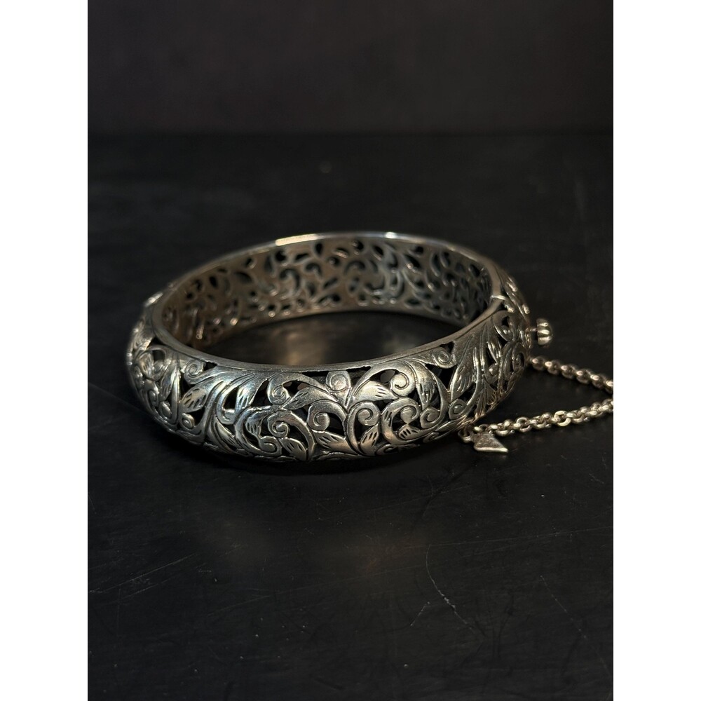 Heavy Sterling Silver Hinged Bangle Bracelet India 925 Filigree Floral 55.8g